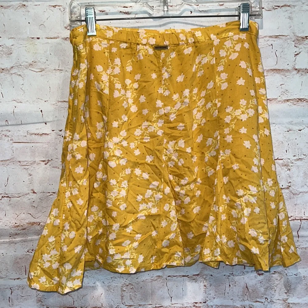 Billabong yellow skirt swing lined Large floral mini side zipper brass logo boho - Image 7