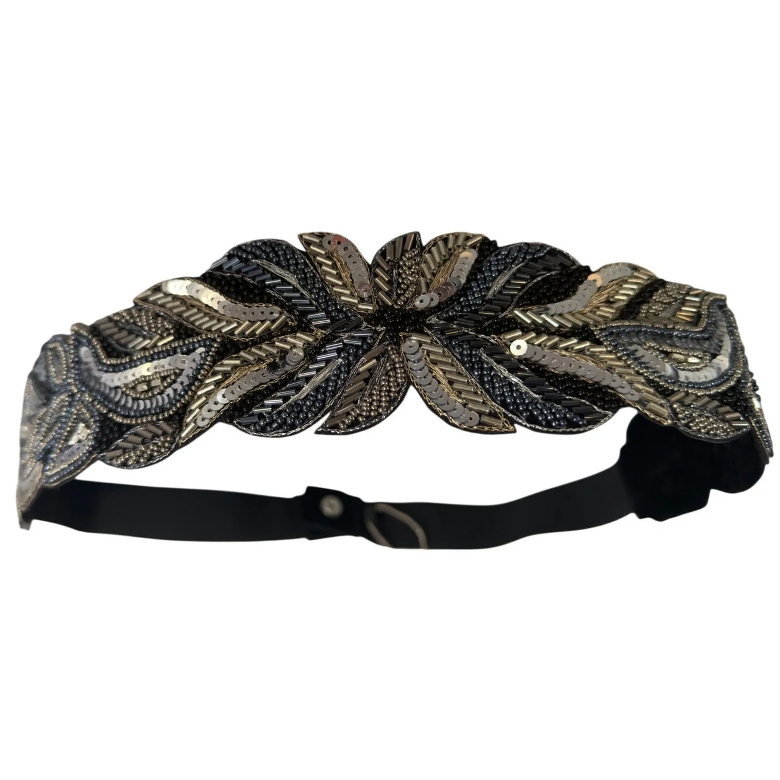 Silver Beaded Embroidered Boho Festival Floral Belt Elastic Waistband NWT - Image 2