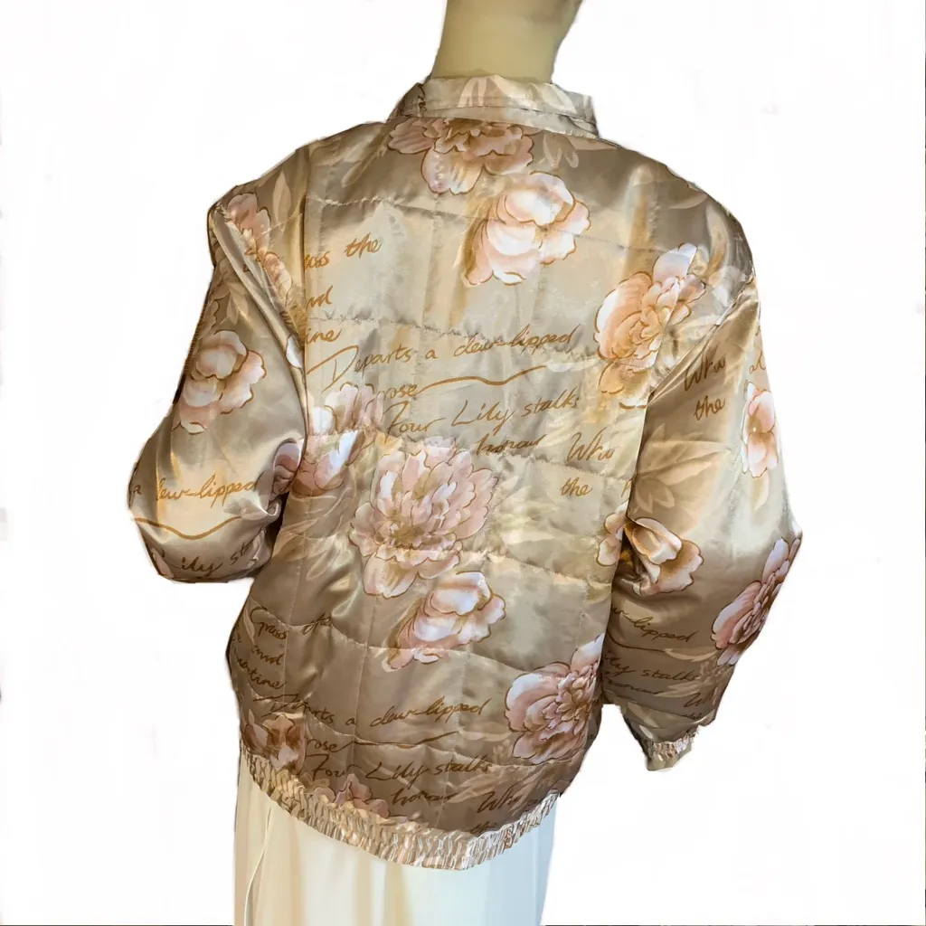 VINTAGE OLEG CASSINI FLORAL PRINT CREAM A PINK BLUSH SATIN BOMBER JACKET (M) - Image 3