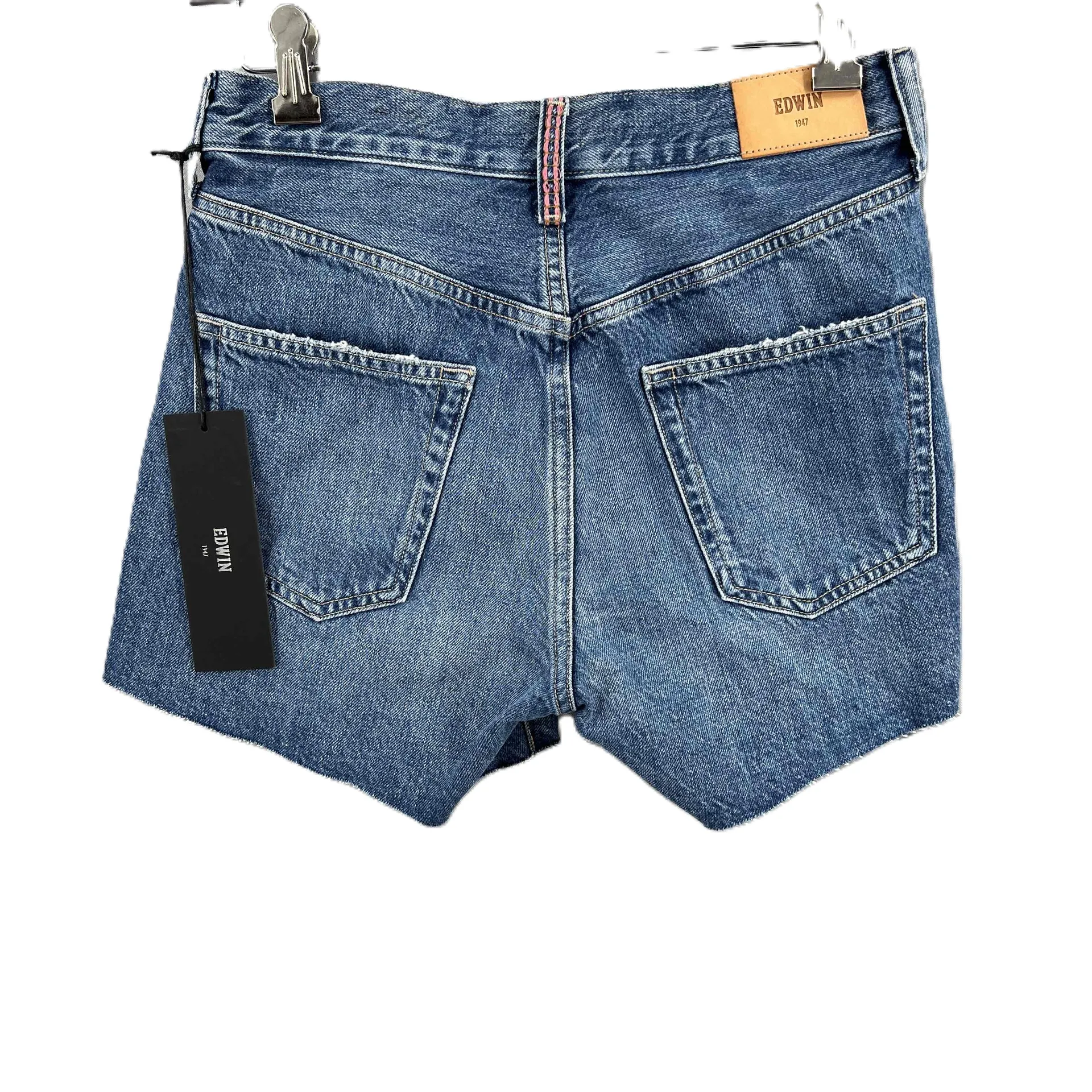 Edwin Cutoff Jean Shorts Rainbow Stiching Blue Frayed Denim Womens 24‎ New - Image 4