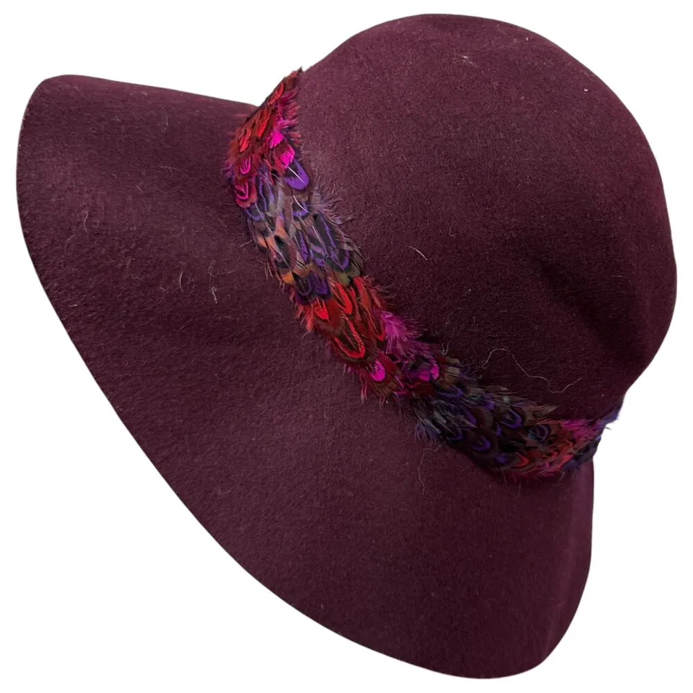 Juicy Couture Wool Burgundy Wide Brim Floppy Sun Hat Feather Details One Size - Image 5