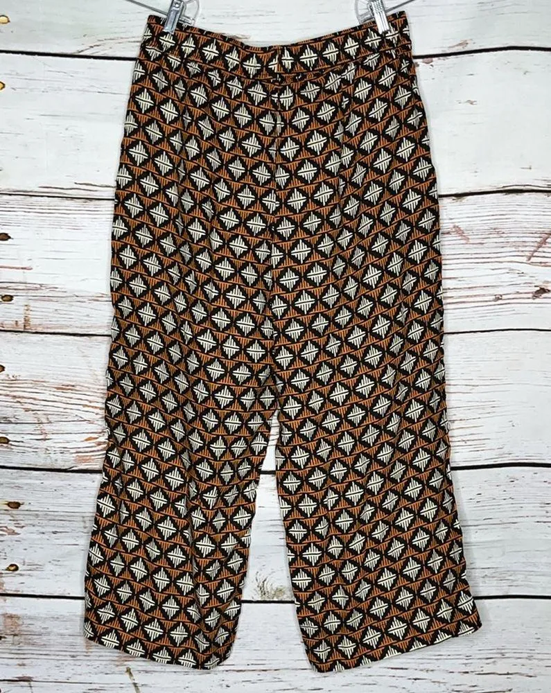 Nicole Miller Sz L Orange & Black Geometric Print European Flax Linen Crop Pants - Image 2