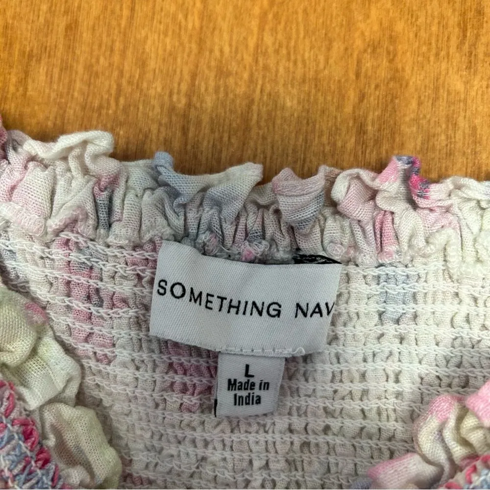 Something Navy Floral Smocked Puff Sleeve Ruffle Squareneck Short Sleeve Top - Image 5