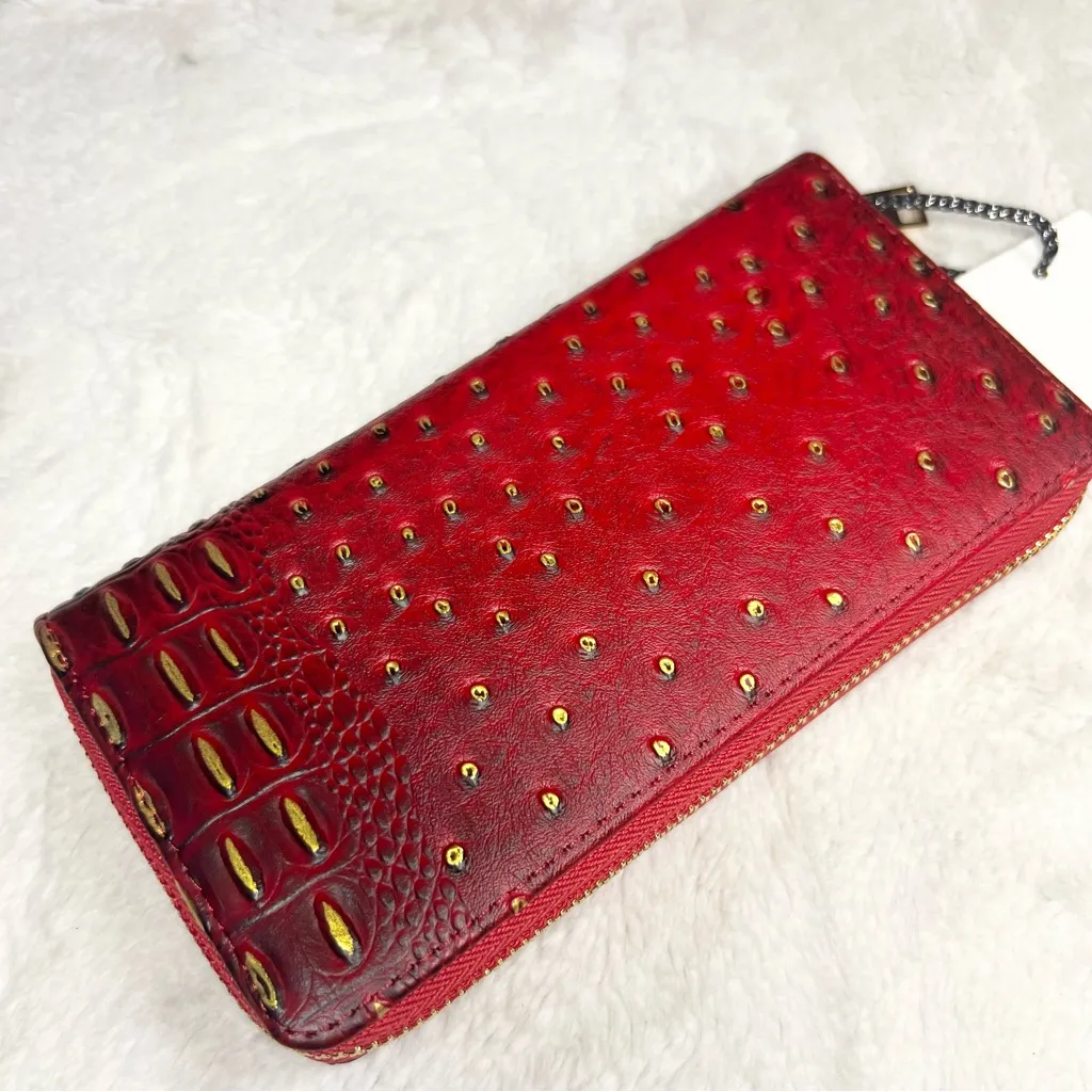 NWT Red Faux Ostrich Leather Textured Zip Around Wallet Wristlet with Keychain - Image 3