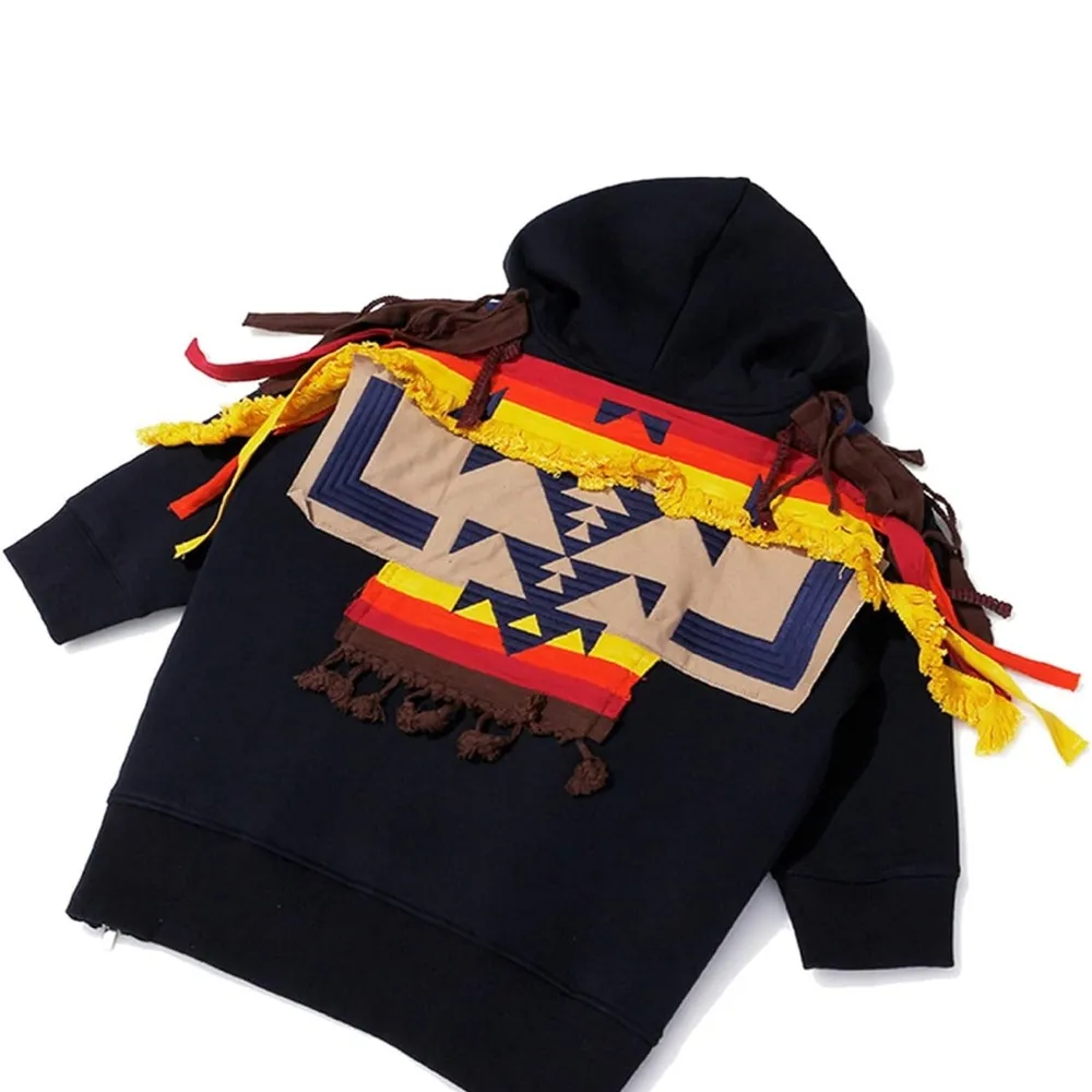 Hoodie Tassel Webbing Embroidery Stitching Side Slit Zipper Sweatshirt size m Blue Size M - Image 5