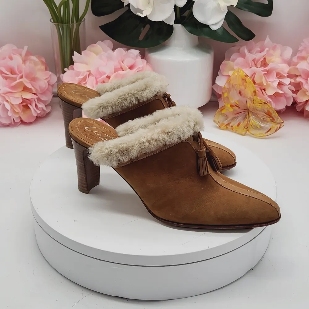 Arturo Chiang Vintage Y2K Shearling, Suede & Leather Mules Heels Tassels Sz 6.5 - Image 11
