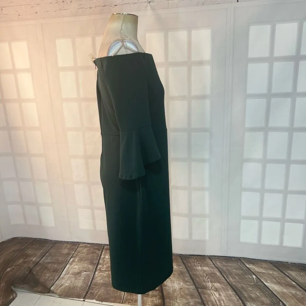H&M green off the shoulder bell sleeve cocktail party sheath dress size medium - Image 5
