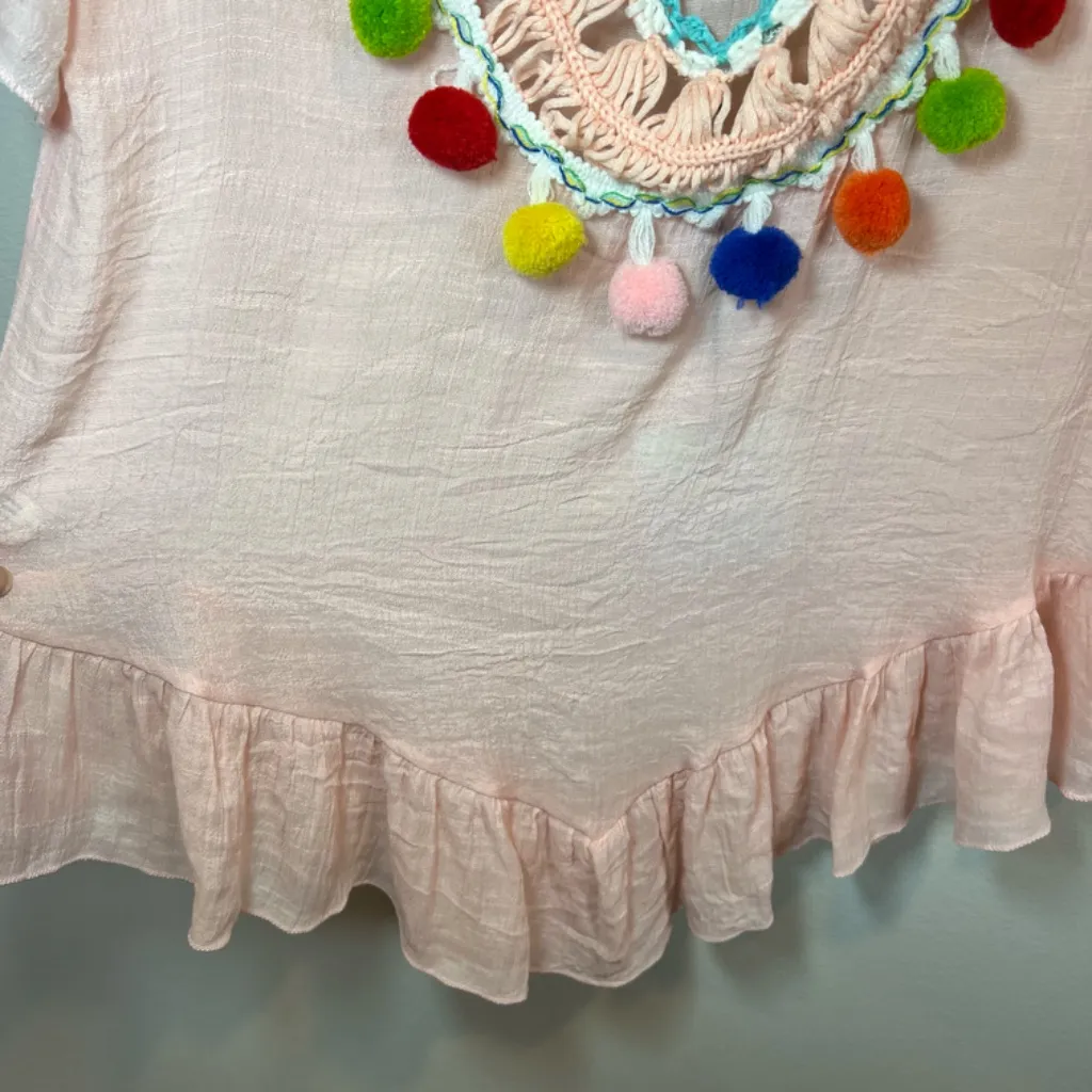 Pom Pom Crochet V-Neck Cover-Up Dress Swim Peach Open Tie Back Lightweight Large - Image 10