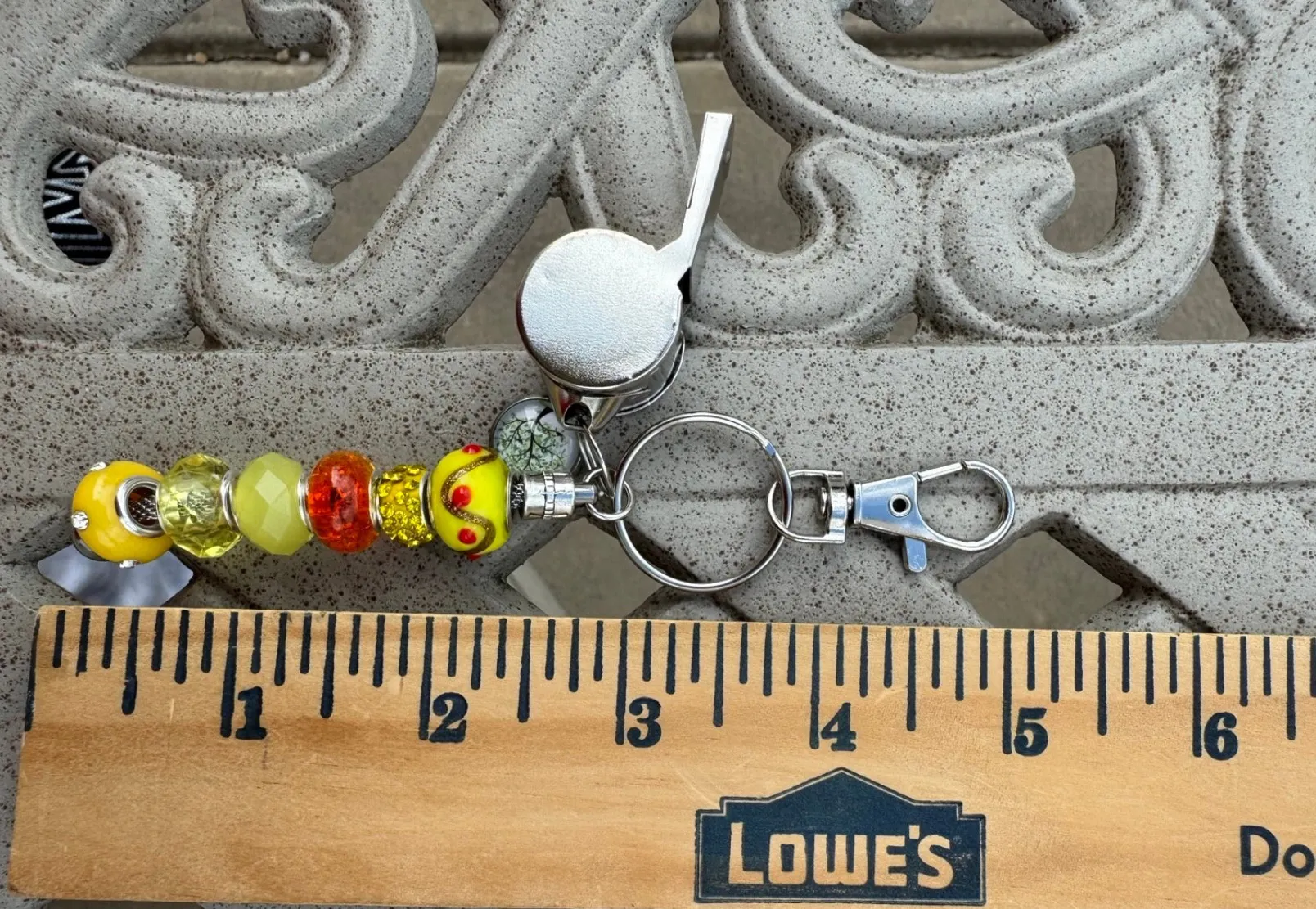 Beaded Yellow Lobster Clip Safety Keychain With Tree Charm And Metal Whistle New - Image 2