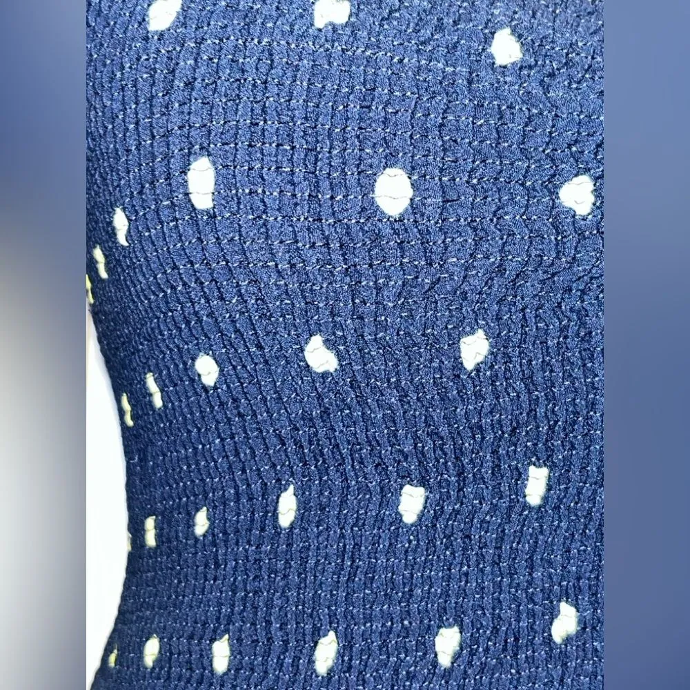Zara smocked top with polka-dots and shoulder ties Navy and Yellow Size Large - Image 6