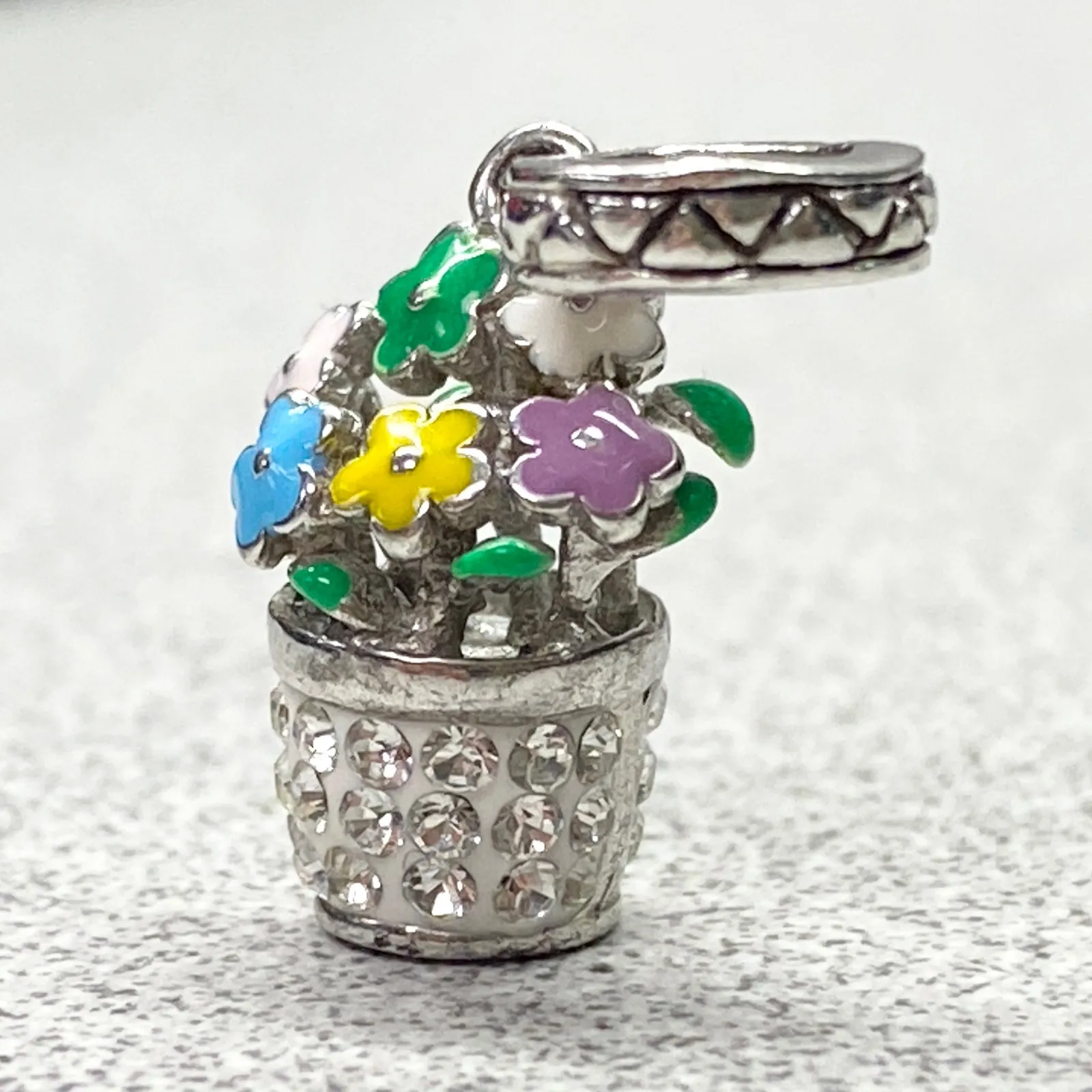 Silver Tone Enamel Crystal Flower Pot Charm Spring Garden Jewelry Making Gift - Image 2