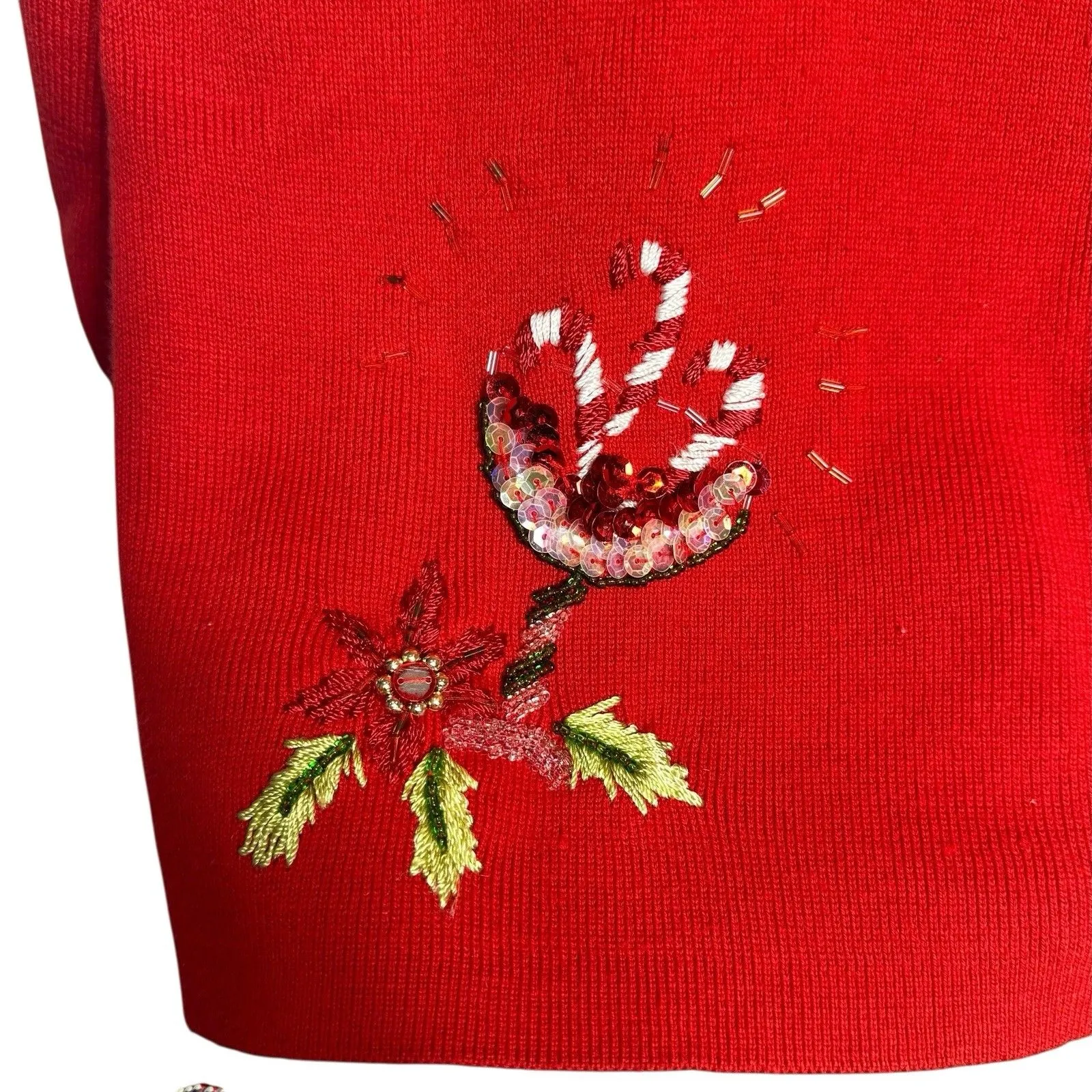 KIKIT Christmas Cardigan Size M Red Beaded Sequins Flowers Drinks Snowman Lights Size M - Image 3