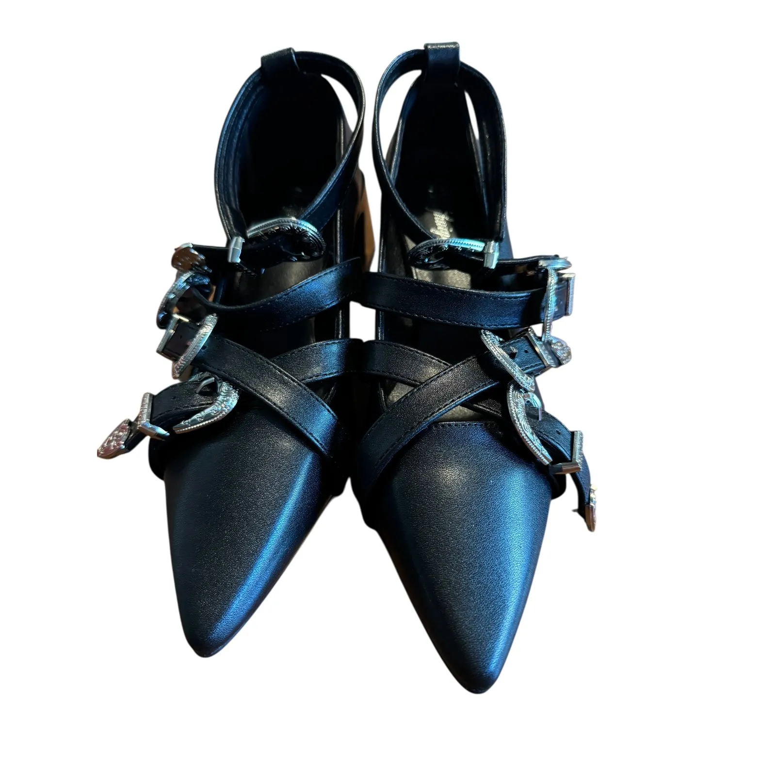 Guanghuiyuzu Black Pointed Toe Buckle Strappy Block Heels Women's Size 35 - Image 2