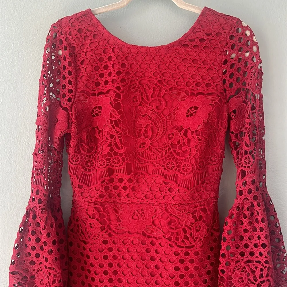 Crochet Cherry Red Mini-dress with Bell Sleeves - Image 3