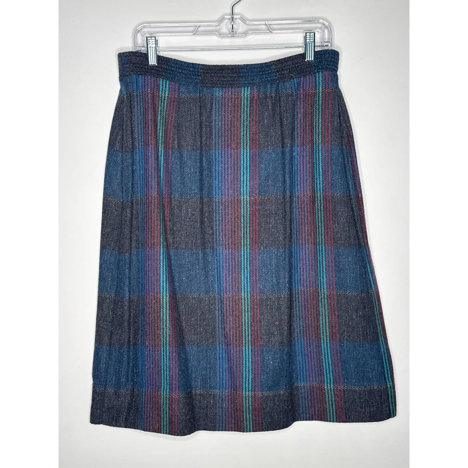 1980s Tan Jay Plaid Wool Midi Skirt Made in USA Preppy Large Gray - Image 5
