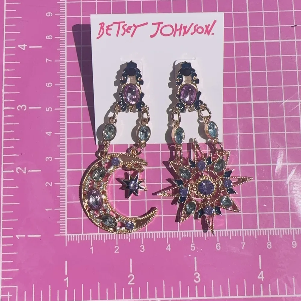 Betsey Johnson sun and moon purple white stones earrings drops gold tone - Image 2