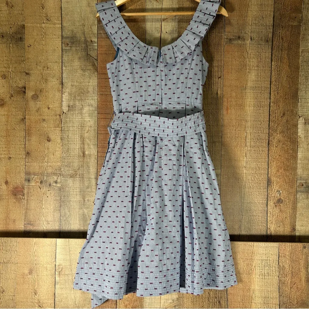 1901 Nordstrom Blue Clipdot Stripe Pleat Collar Cotton Linen Tie Dress 2 Petite - Image 7