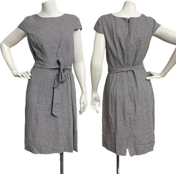 J. Crew 365 Dress 6 Black White Short Cap Sleeve Belt Sheath Stretch Houndstooth - Image 2