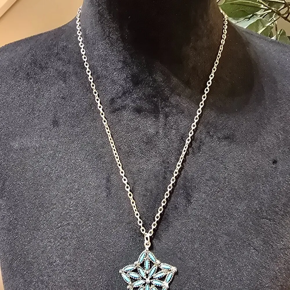 Women's Turquoise Five Pointed Star Zuni Design Pendant Silver Tone Necklace Blue - Image 2