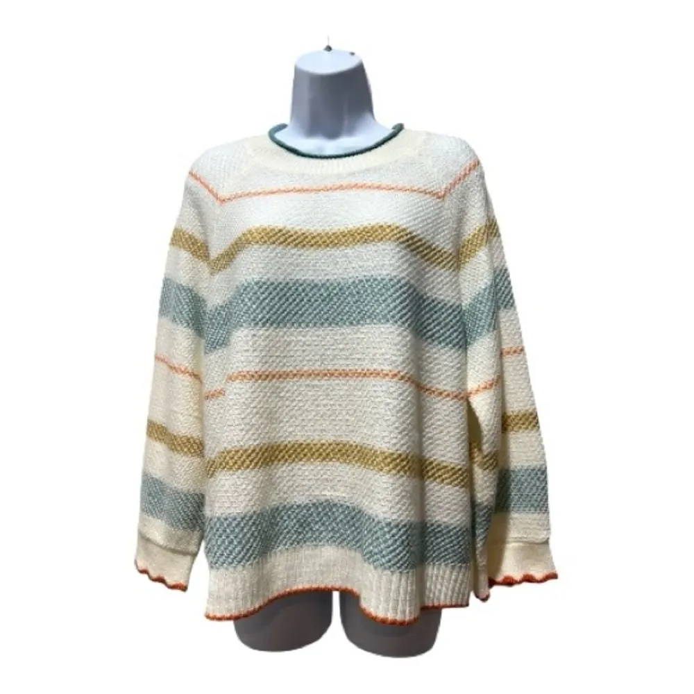 Democracy Cream and Blue Knit Sweater Size L Classic Casual Closet Staple Preppy - Image 2