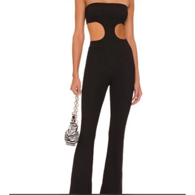 superdown Revolve  black Darcy Cutout Strapless Jumpsuit pull on ribbed sz small - Image 4