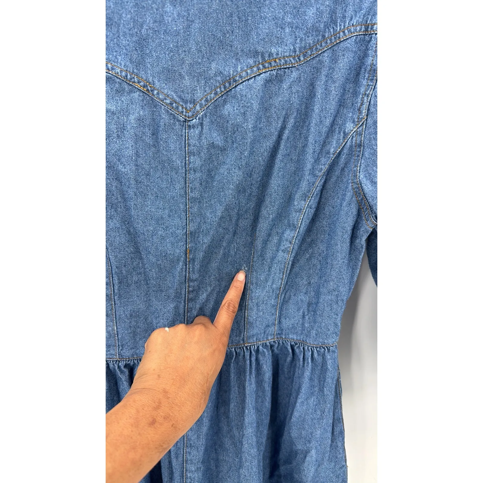 Vintage 90s GITANO Western pearl snap denim midi dress pockets size M NFR Blue Size M - Image 11