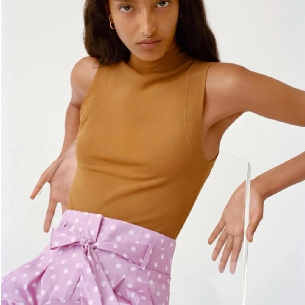 ZARA Lilac & White Polka Dot High Waisted Flowy Satin Belted Paperbag Shorts XS‎ - Image 3