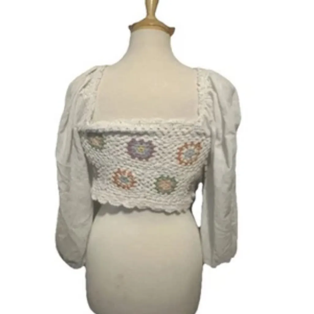 Aerie Crochet Vacay Crop Top Medium 100% Cotton Cottagecore Granny Square - Image 3