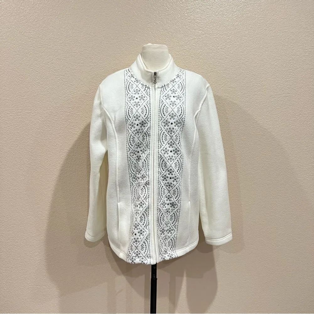 Alfred Dunner Cream Fair Isle Fleece Full Zip Jacket Large - Image 3