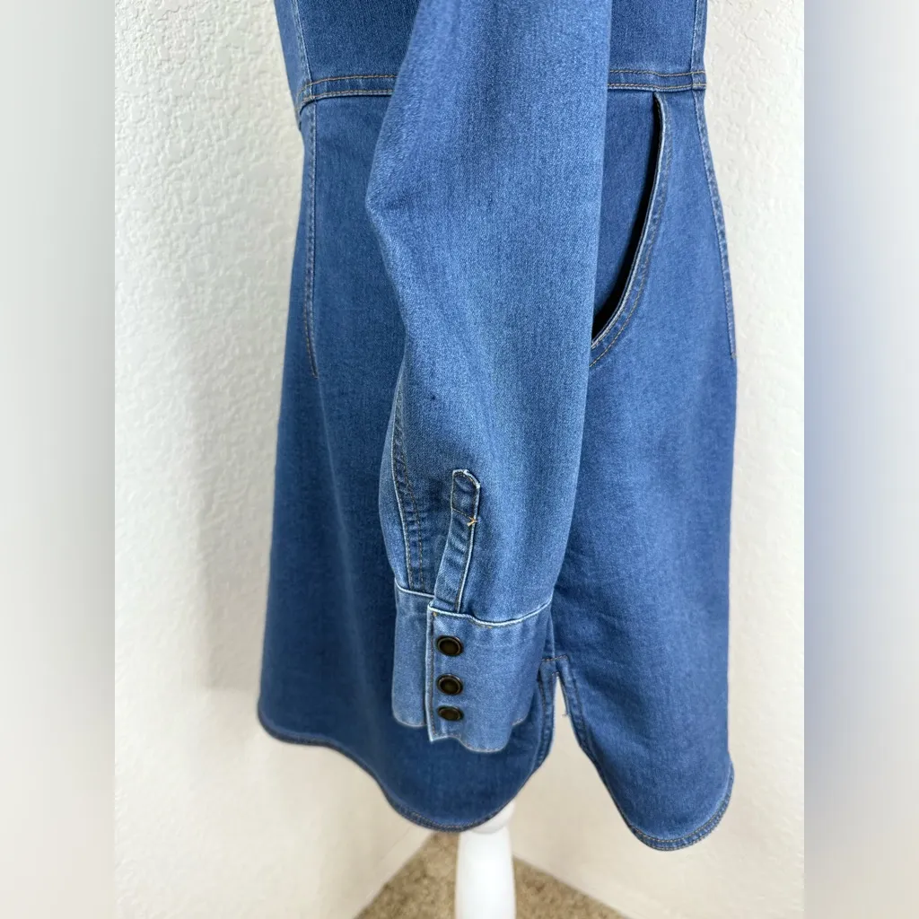 Free People Dynomite Denim Snap Front Shirt  Mini Jean Dress long Sleeve. Medium - Image 5