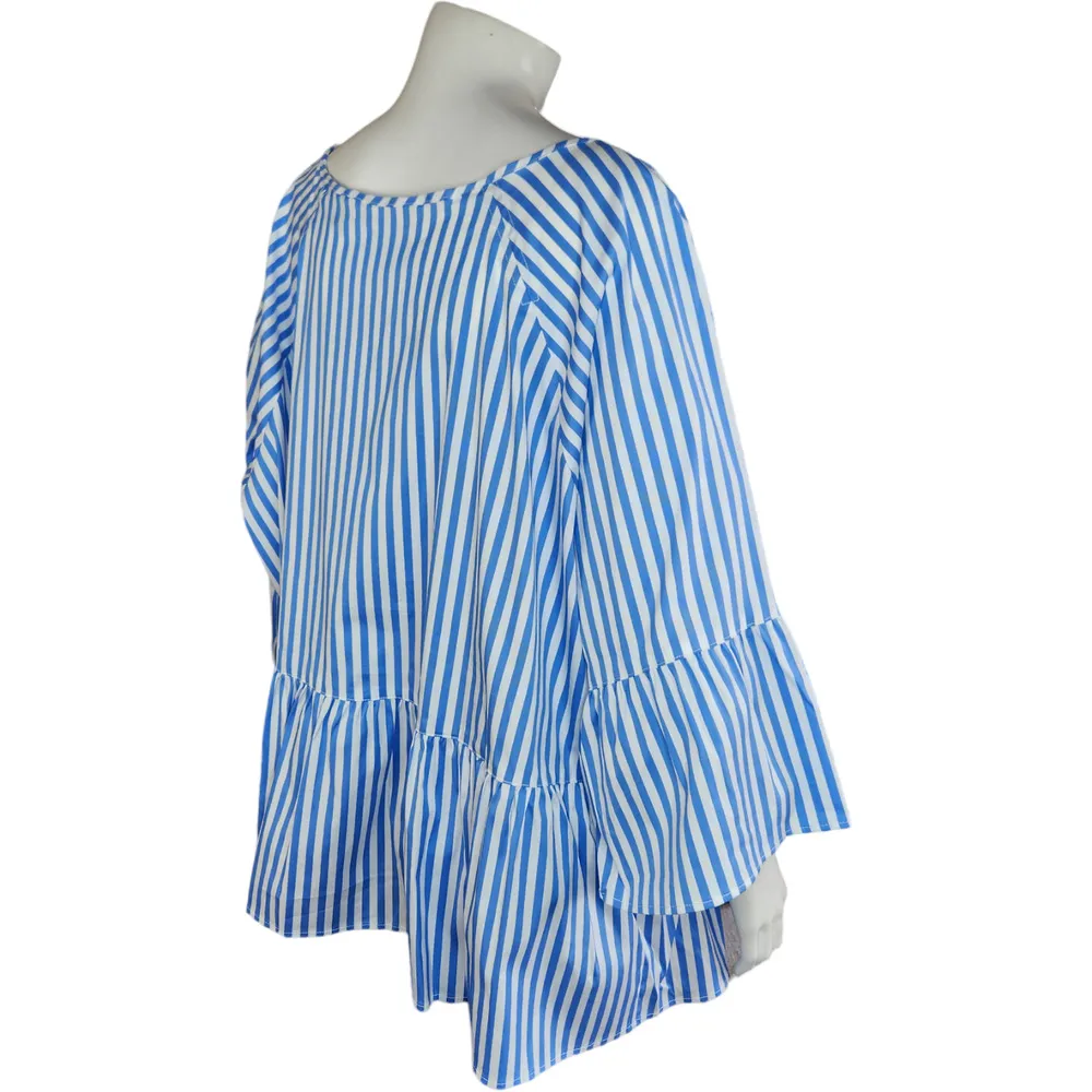 Lands End Popover Blouse Peplum Bell Sleeve Scoop Neck Striped Blue White 24W - Image 7