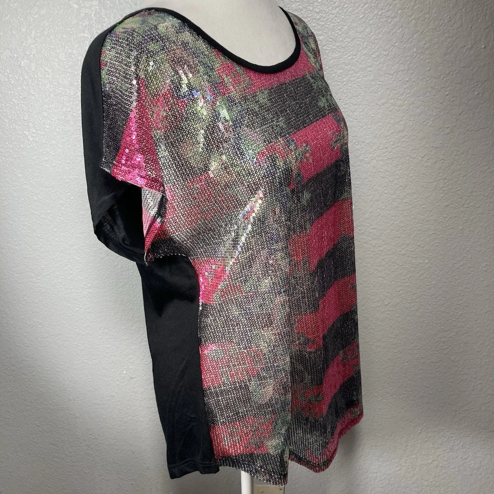 Sequin Party Top L Floral Sheer Shimmer Blouse NYE New Years Sparkle Whimsigoth - Image 4