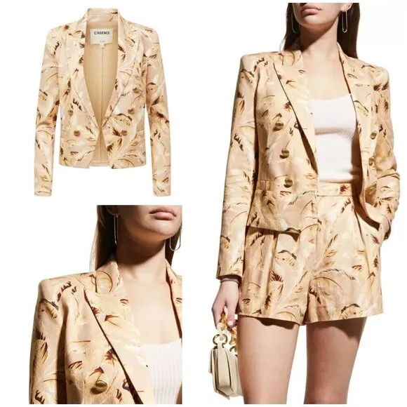 💕L'AGENCE Brooke Double Breasted Crop Blazer Honey Multi Tonal Palm Leaf 6 NWT - Image 2