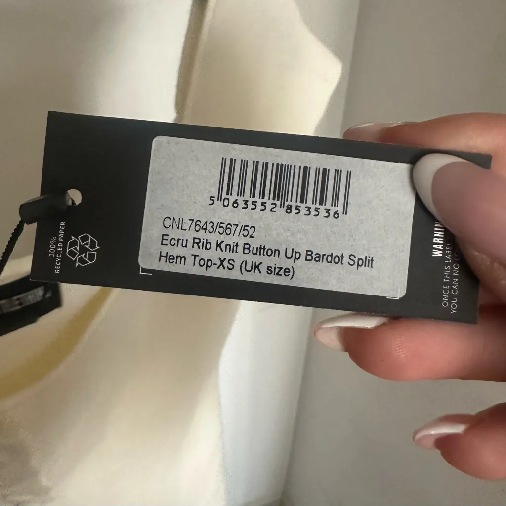 ECRU RIB KNIT BUTTON UP BARDOT SPLIT HEM TOP - Image 6