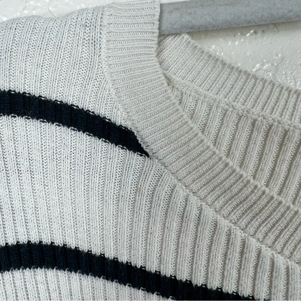 Chaser Ribbed Navy Cream Striped Tiered Ruffle Sleeve Sweater Cotton Size Medium - Image 6