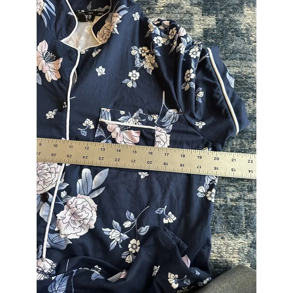 LJONES NEW YORK Navy Blue Floral Print Pajamas Shirt/Short Set Size Medium - Image 9