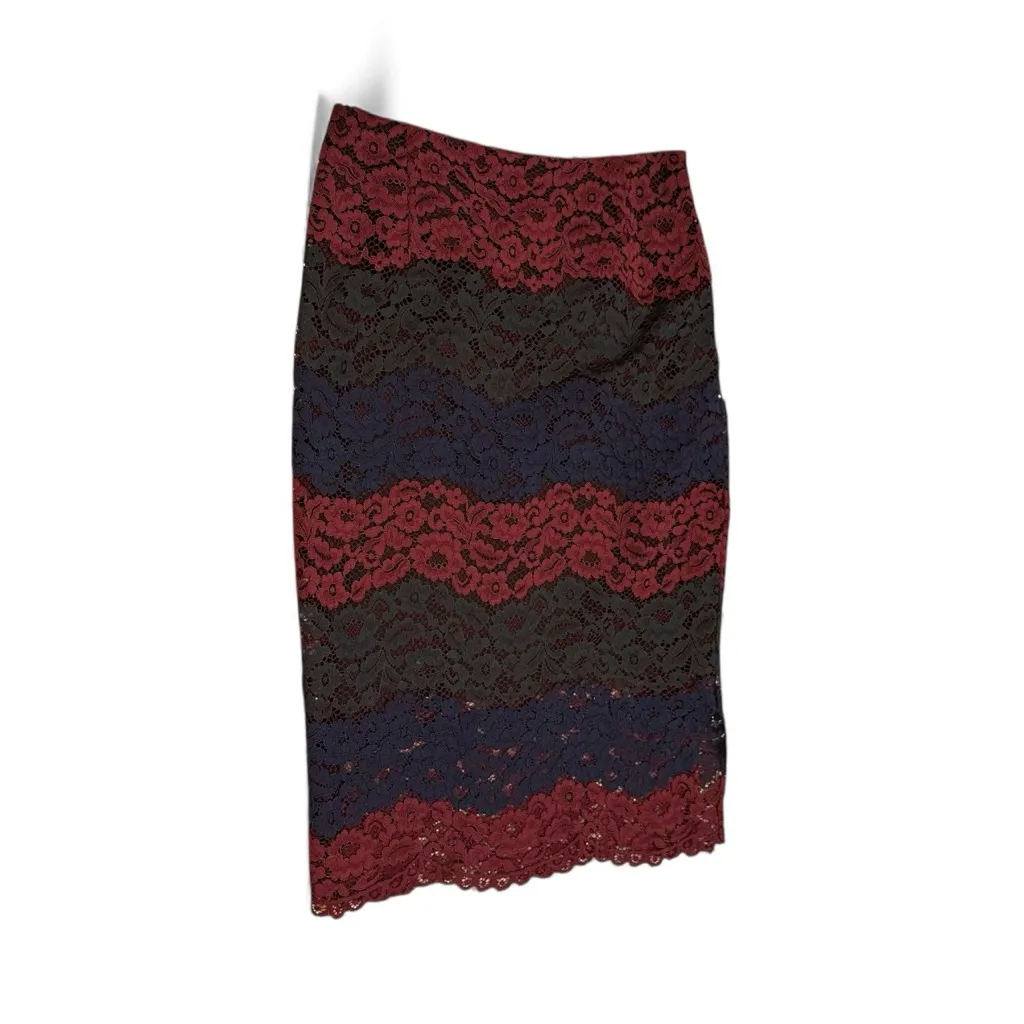 Sandro Red Blue Lace 2 Piece Long Sleeve Lined Pencil MIDI Skirt Set Size 3 US 8 - Image 6