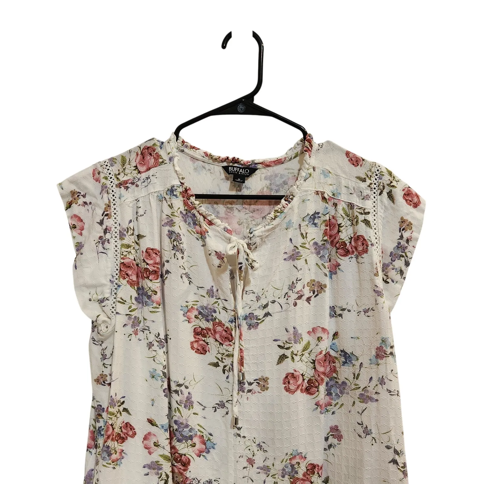 Buffalo David Bitton White Floral Flutter Sleeve Tie Neck Blouse Boho Top Medium - Image 3
