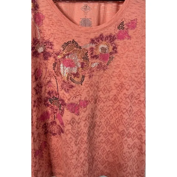St. John's Bay Women Large Orange Floral Sequins Shirt Casual‎ Summer Vacation - Image 3