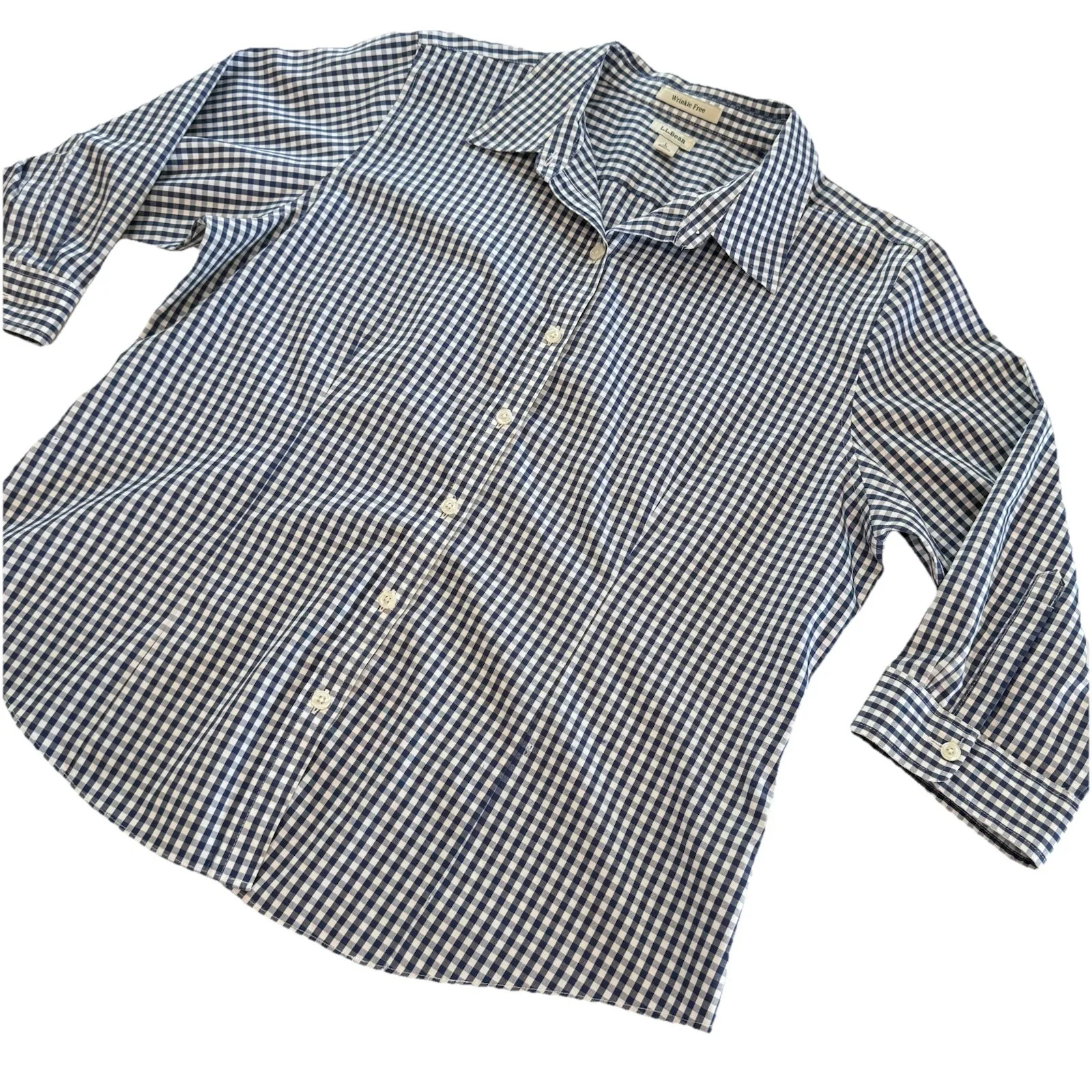 LL Bean Blue Gingham 3/4 Sleeve Wrinkle Free Pinpoint Oxford Shirt LARGE PETITE Size undefined - Image 2