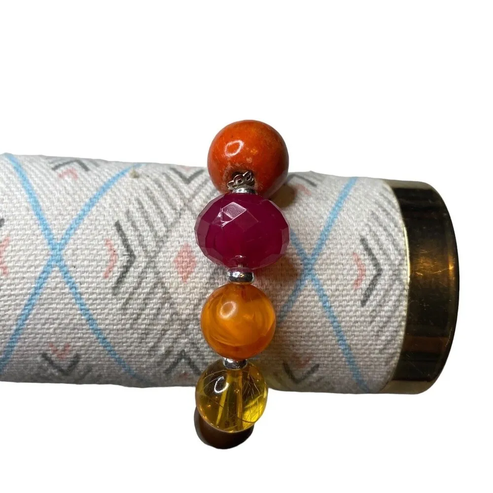 MultiColor Plastic Beaded Orange Pink Yellow Cream Stretch Bracelet - Image 2