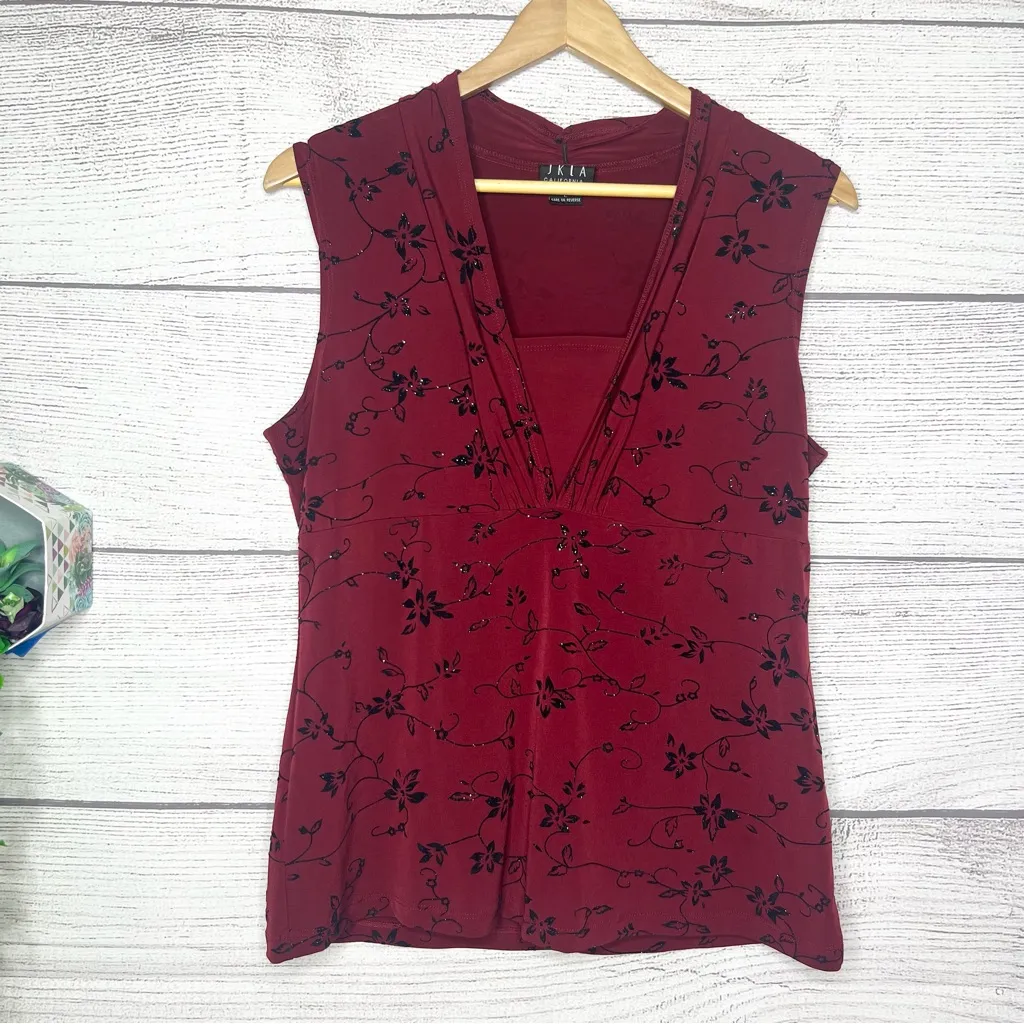 Vintage Y2K Burgundy Red & Black Glitter Floral Sleeveless Blouse Top Size Large - Image 8