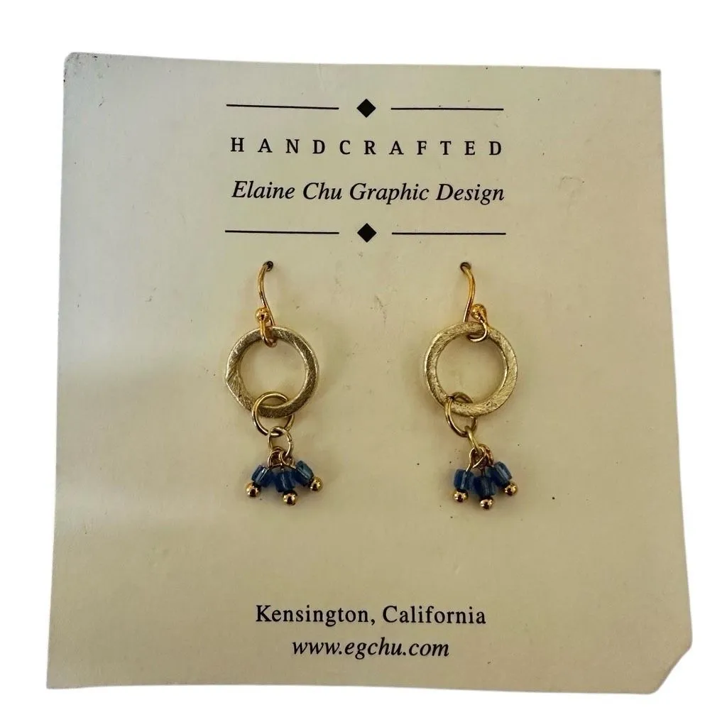 Elaine Chu Handcrafted Gold & Blue Beaded Dangle Earrings - Image 3