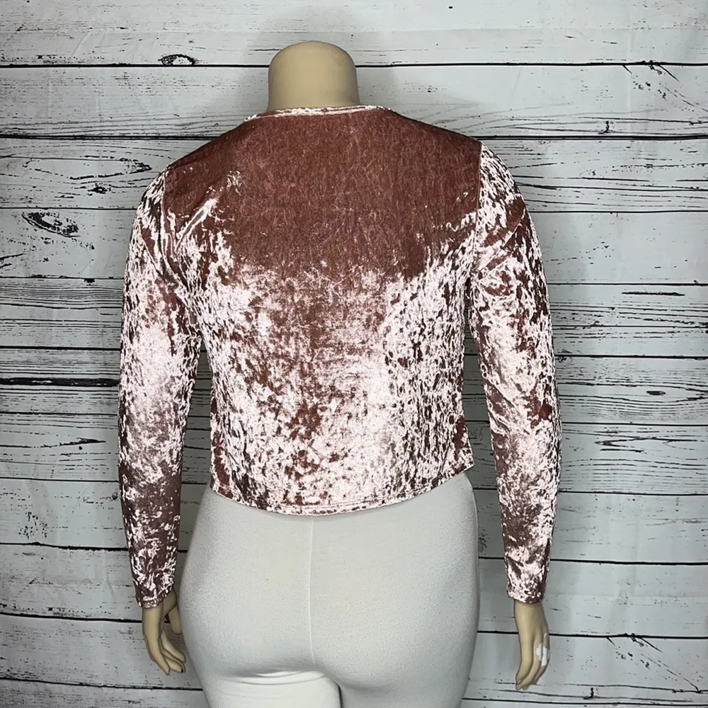 Blue Leopard Size 1X Pink Long Sleeve Tie Front Velvet Cardigan Shrug - Image 4