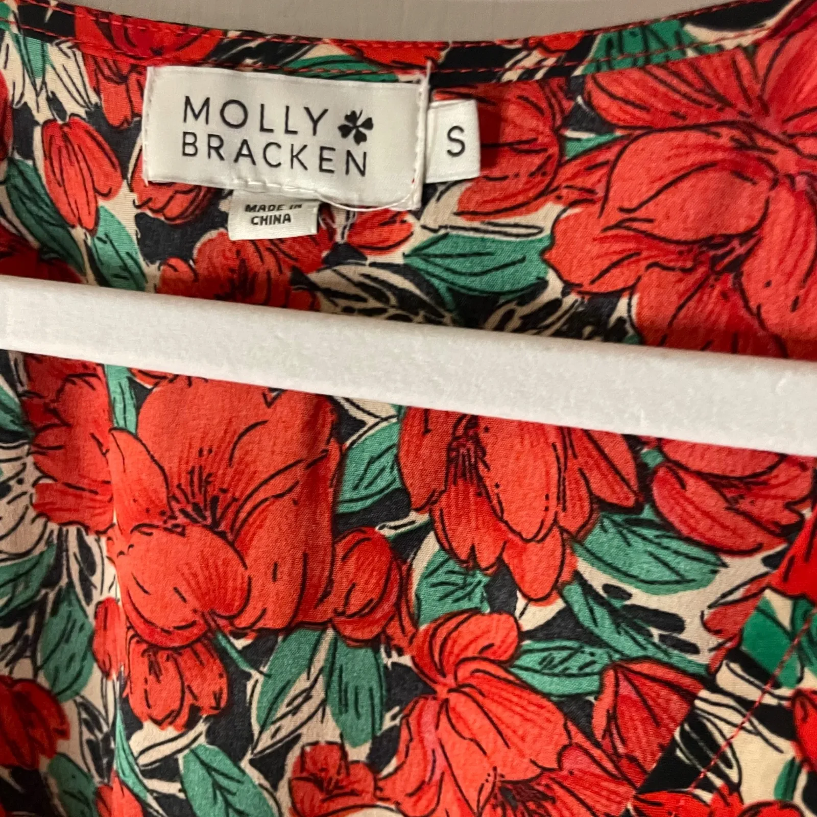 Molly Bracken Floral Print Mini Dress Red Green Short Sleeve Wrap Ruffle small - Image 3