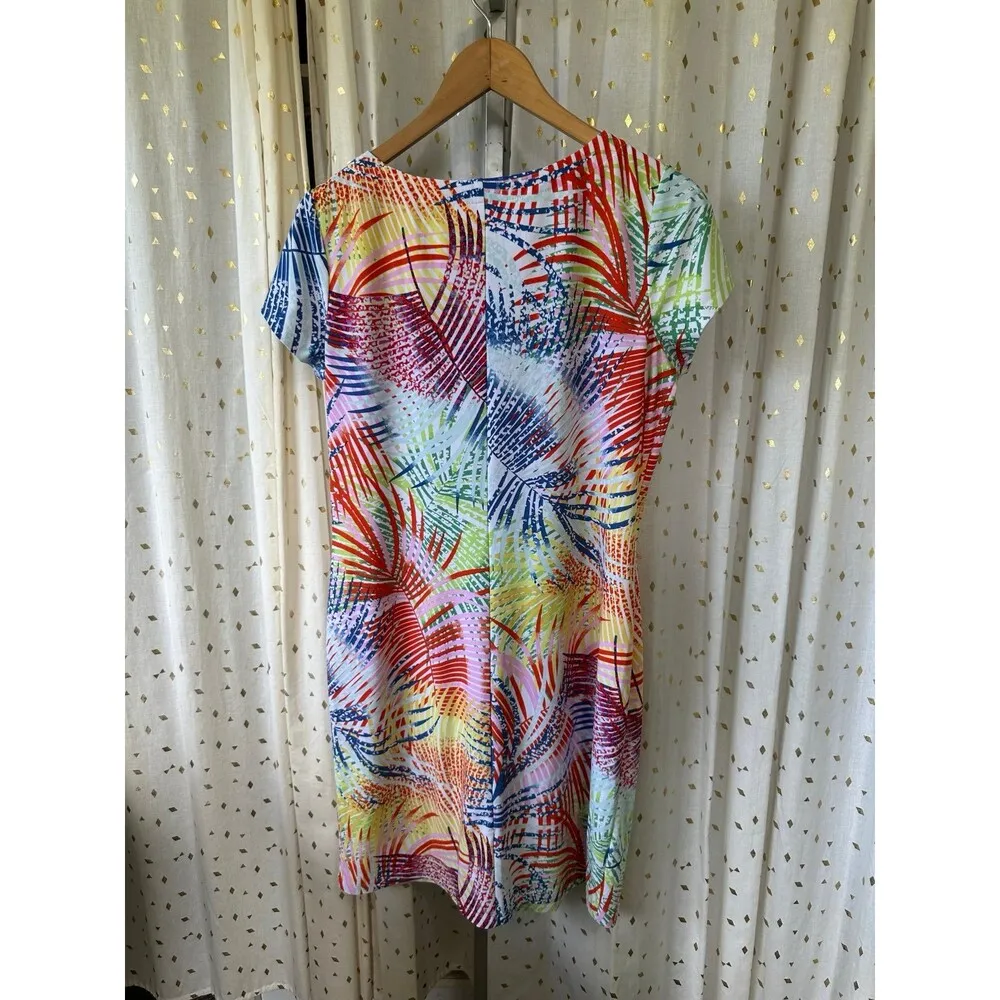 Pappagallo Stretch Hawaiian Tropical Rainbow Leaves Scoop Neck Shirt Dress M Size M - Image 3