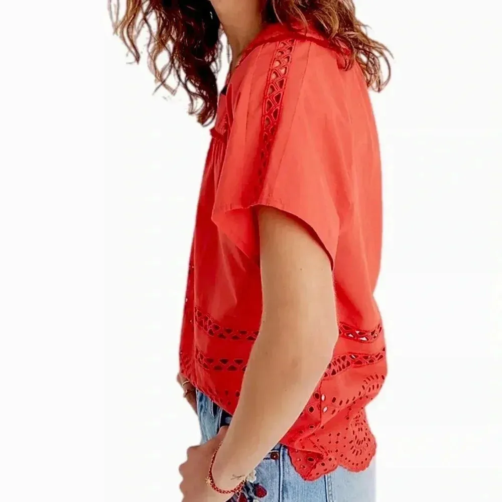 Madewell Top Angelica Rusty Orange Eyelet Short Sleeve Blouse Women’s Size XS - Image 2