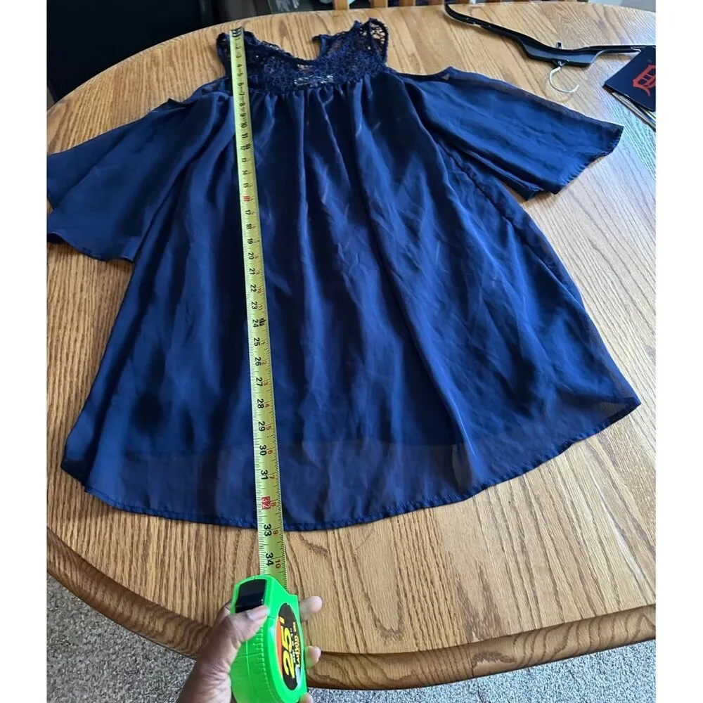 Bailey Blue Navy Cold Shoulder Chiffon & Crochet Dress With Lace Sz 9 Long Sleev - Image 9