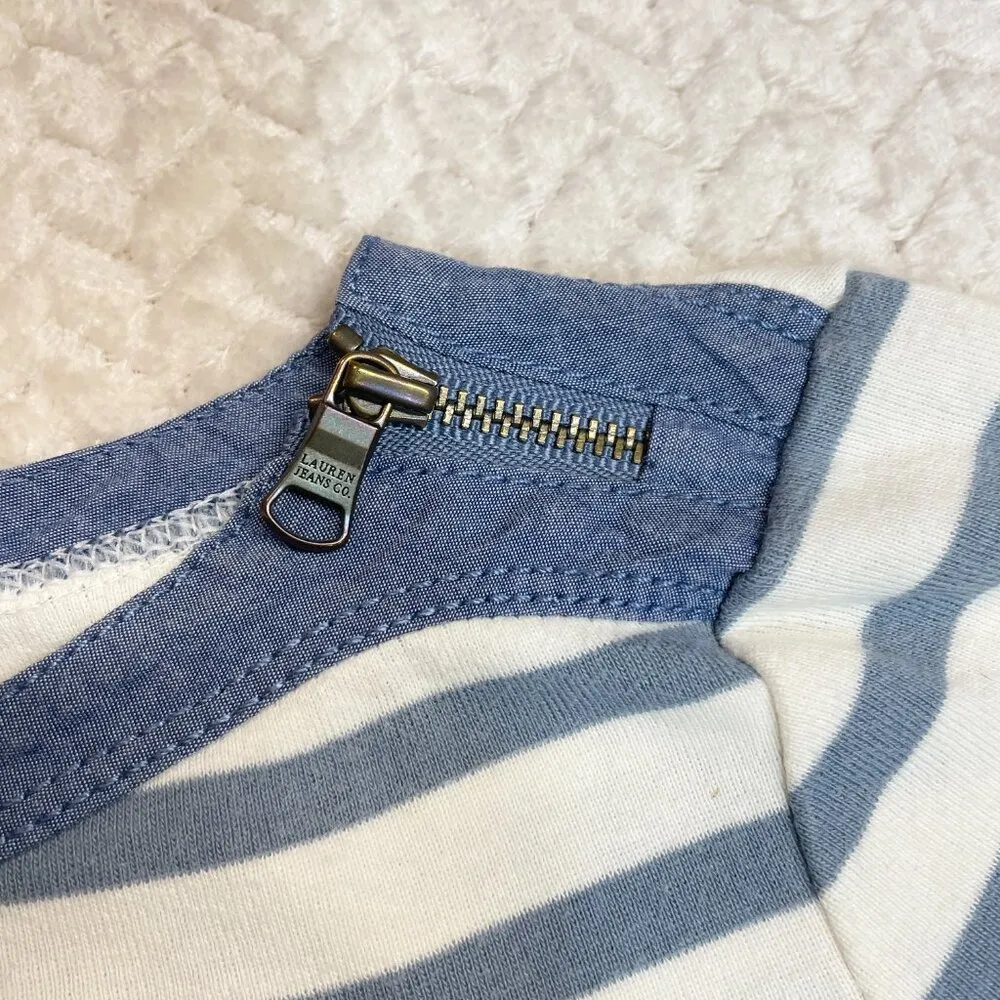 Lauren Jeans Co Blue cream striped Knit Top Zip accent Sleeve Shirt women SZ S - Image 8