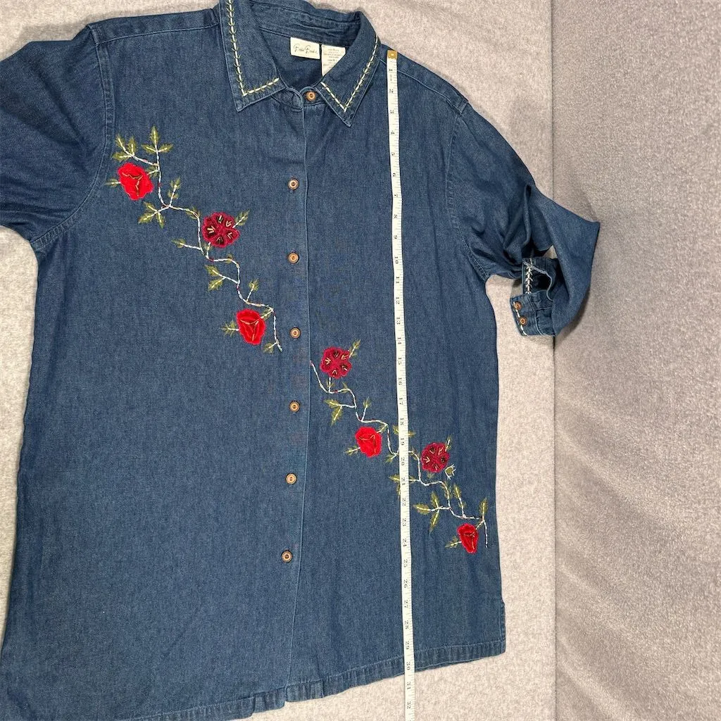 Vintage Bobbie Brooks Women'sCotton Denim Floral Embroidered Tunic Blouse Size M Blue Size M - Image 10